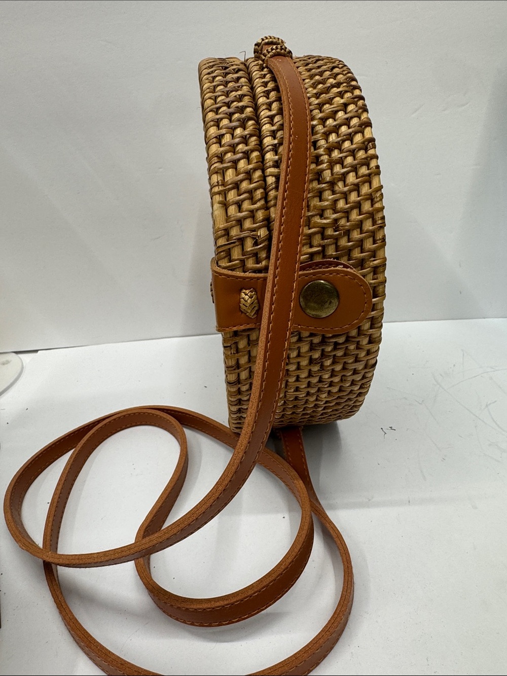 Woven Round Straw Crossbody Bag in Tan - Picture 2 of 9
